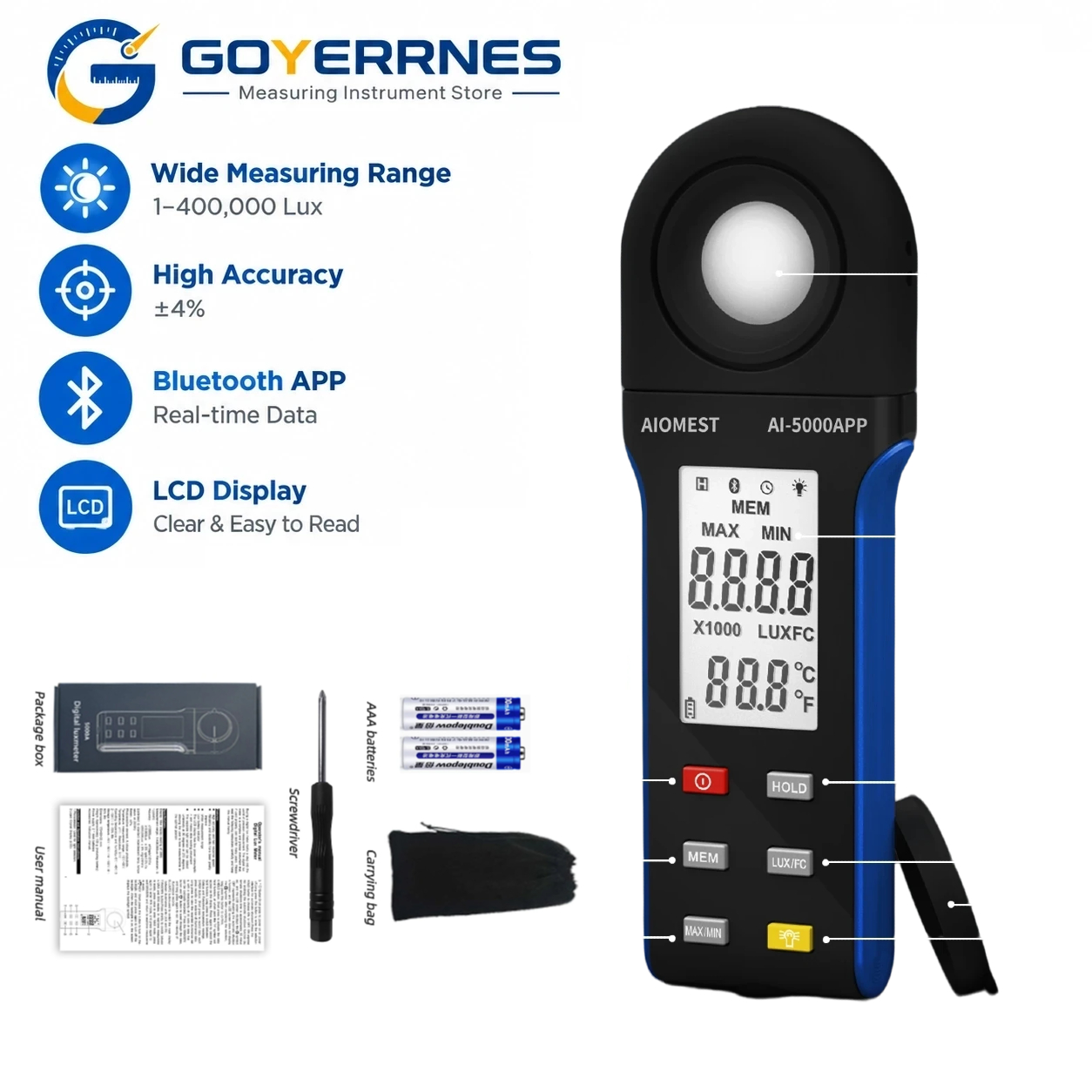 Photography Lighting Meter - Digitales Luxmeter 1-400000 Lux Bluetooth Beleuchtungsstärke-Lichttester